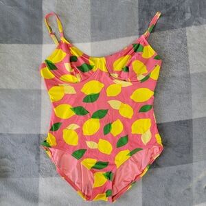 NWT Kate Spade One Piece Bathing Suit Swimsuit Pink Yellow Lemons Size Large
